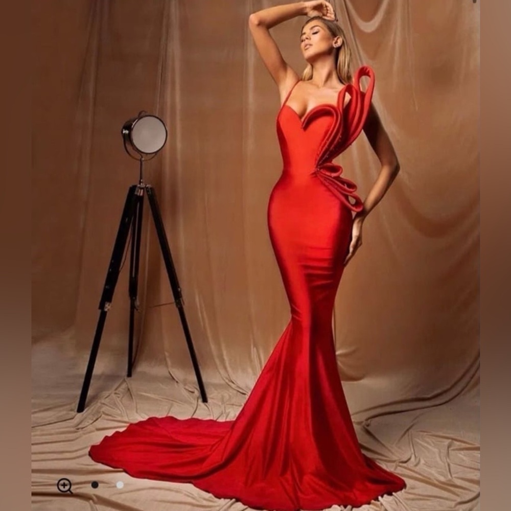 Albina Dyla Red One Shoulder Sleeveless Gown Dress Formal